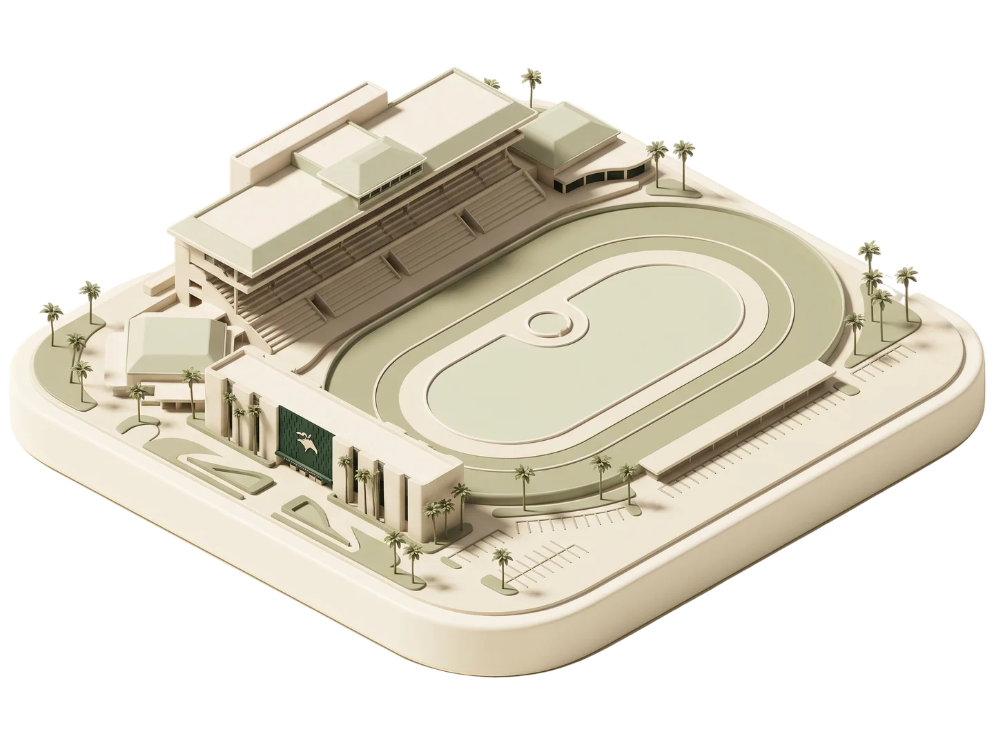 A sage and ivory clay-style illustration of Los Alamitos Race Course in Los Alamitos