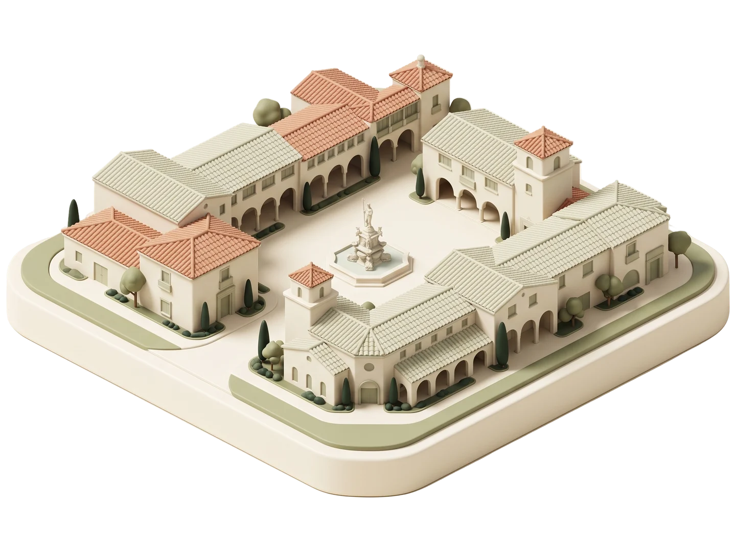 A sage and ivory clay-style illustration of Malaga Cove Plaza in Palos Verdes Estates