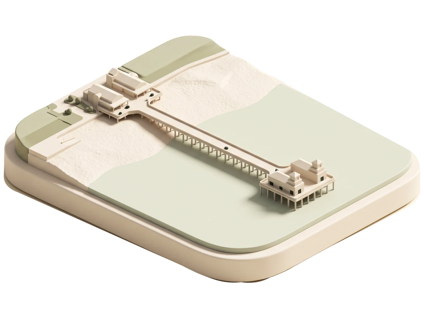 A sage and ivory clay-style illustration of Malibu Pier in Malibu