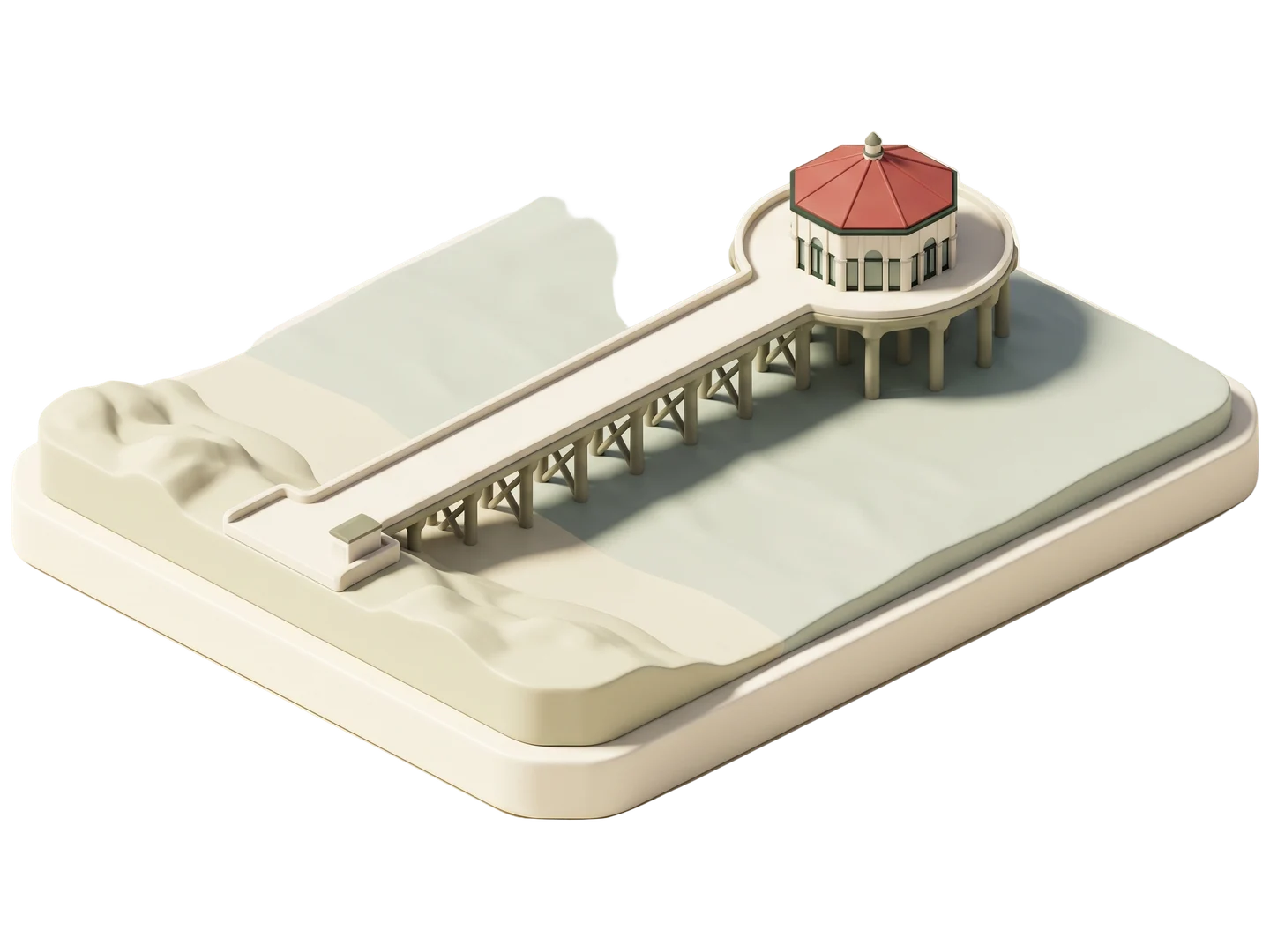 A sage and ivory clay-style illustration of Manhattan Beach Pier in Manhattan Beach