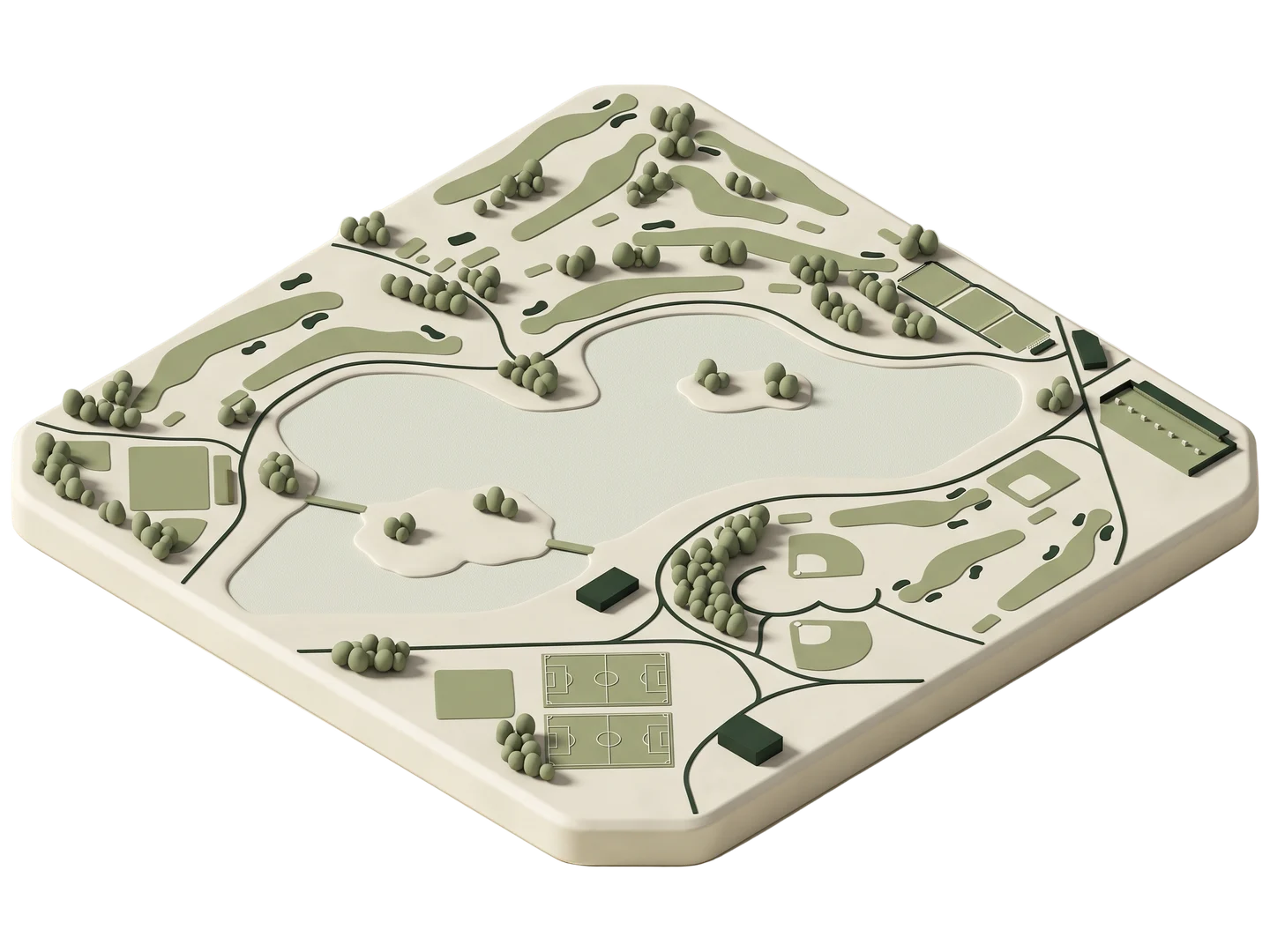 A sage and ivory clay-style illustration of Mile Square Regional Park in Fountain Valley