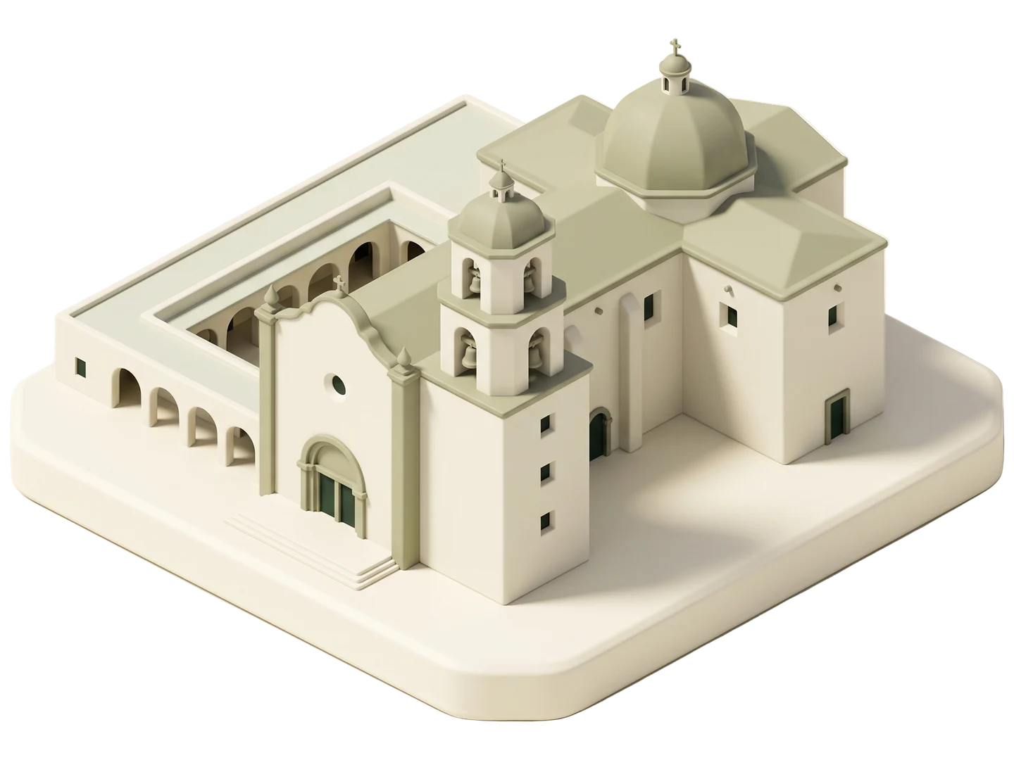 A sage and ivory clay-style illustration of Mission Basilica San Juan Capistrano in San Juan Capistrano