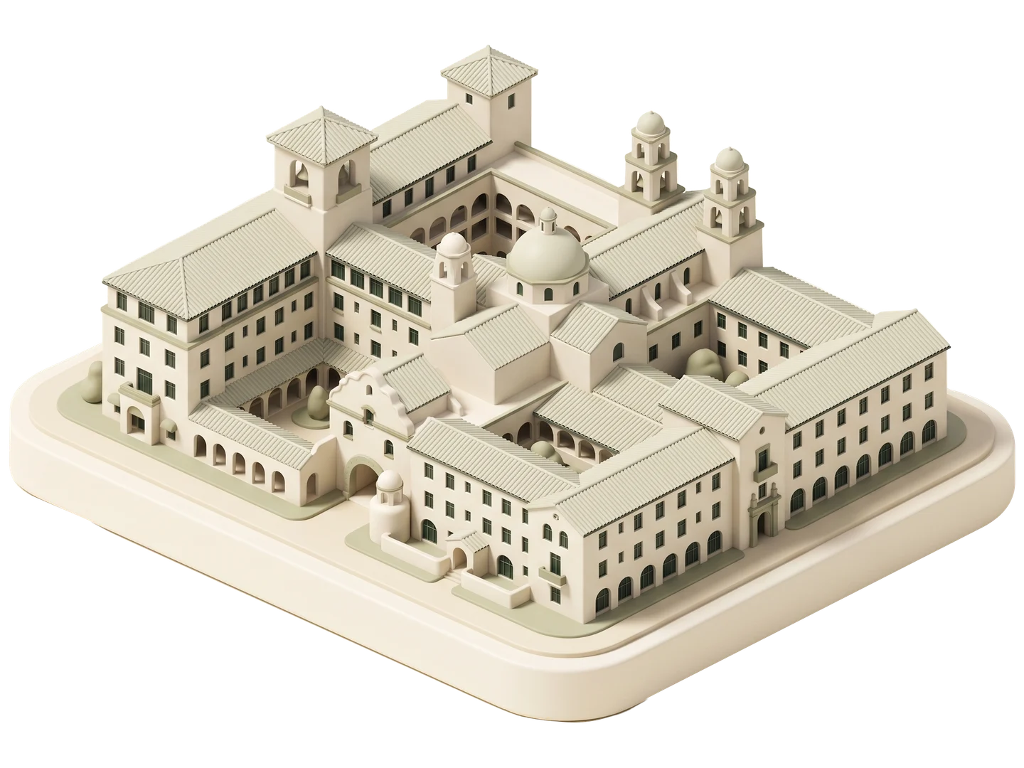 A sage and ivory clay-style illustration of Mission Inn Hotel & Spa in Riverside