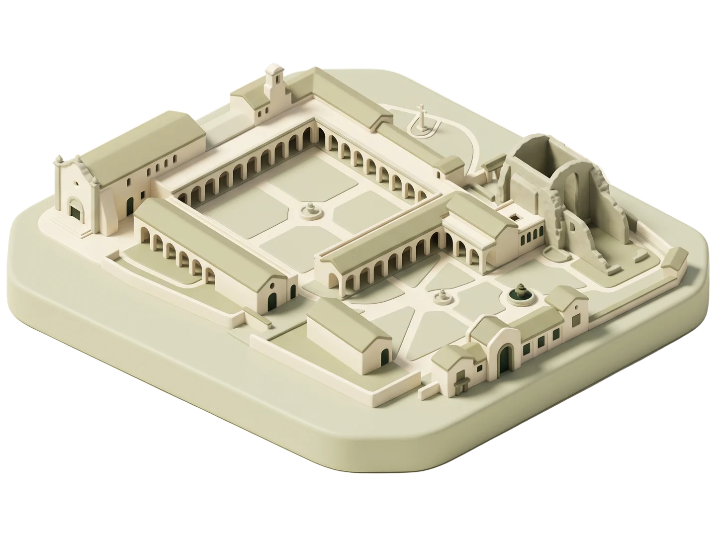 A sage and ivory clay-style illustration of Mission San Juan Capistrano in Mission Viejo