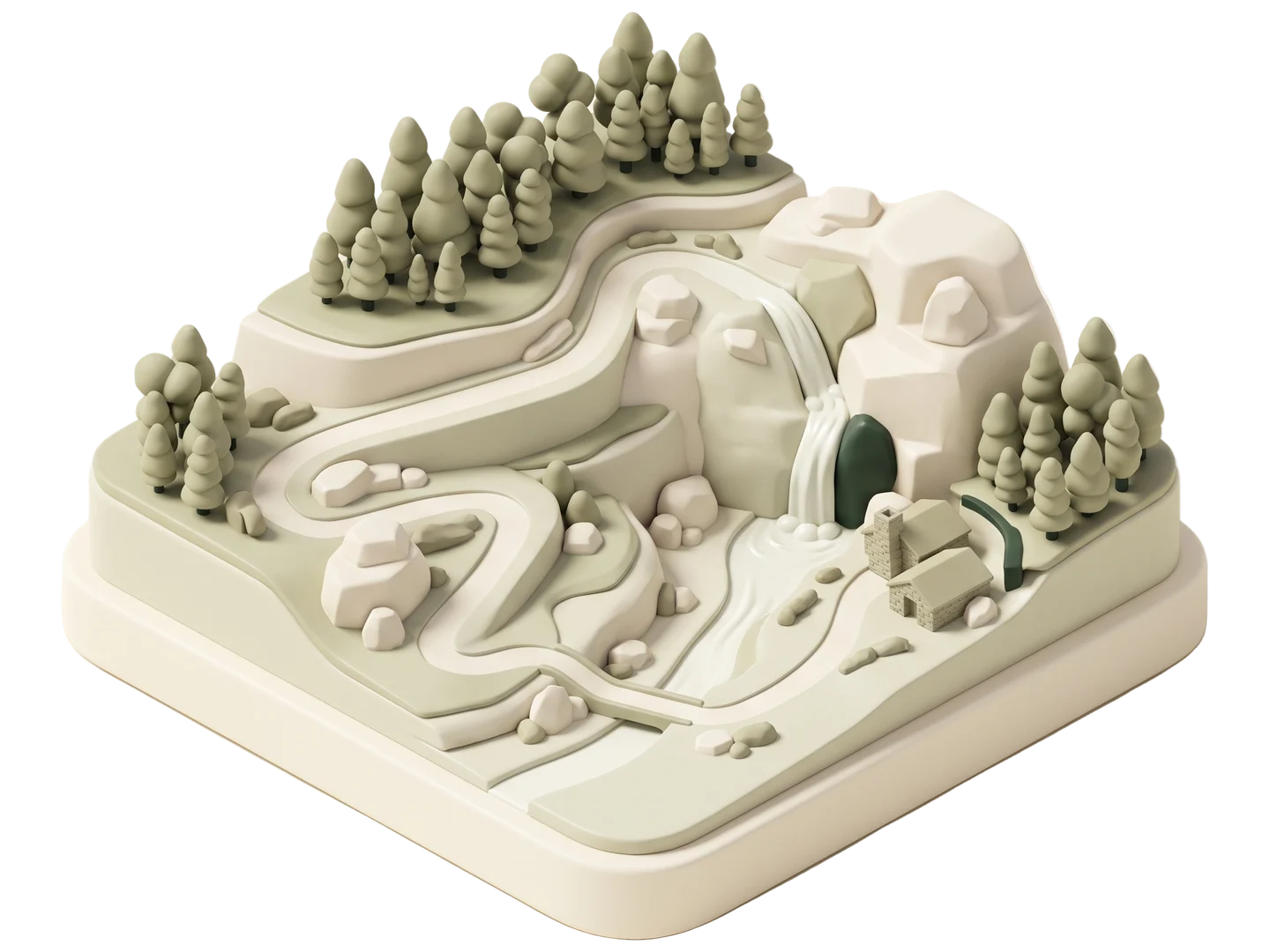 A sage and ivory clay-style illustration of Monrovia Canyon Park in Monrovia