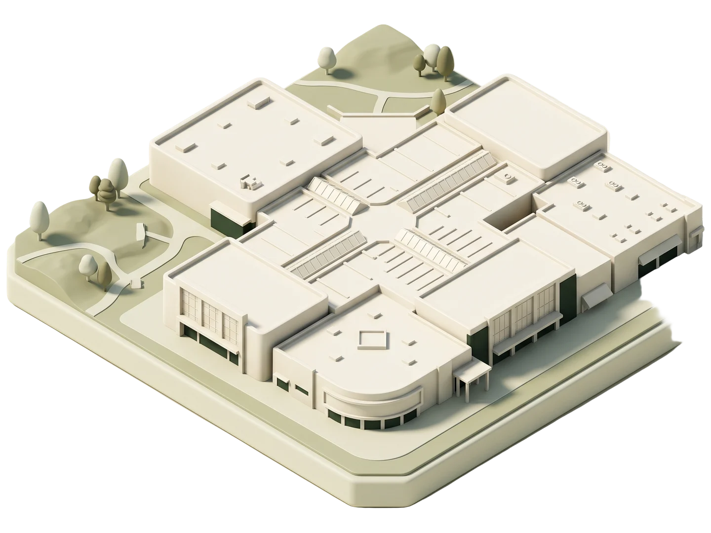A sage and ivory clay-style illustration of Montebello Town Center in Montebello