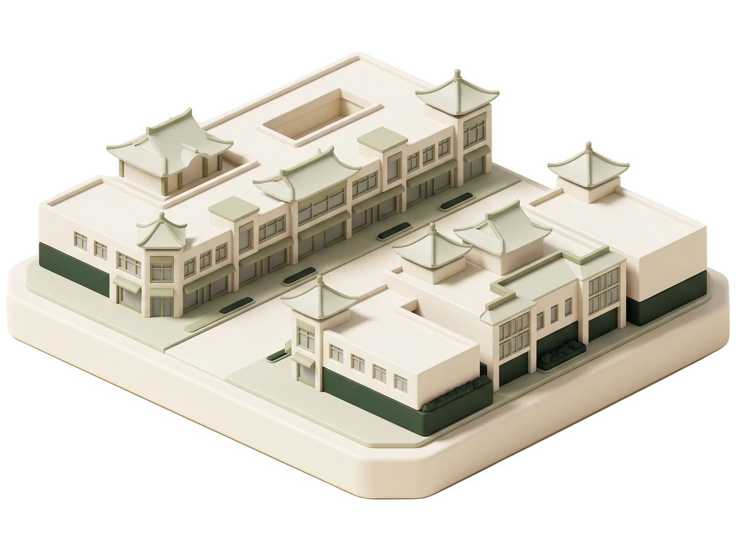 A sage and ivory clay-style illustration of Monterey Park Downtown in Monterey Park