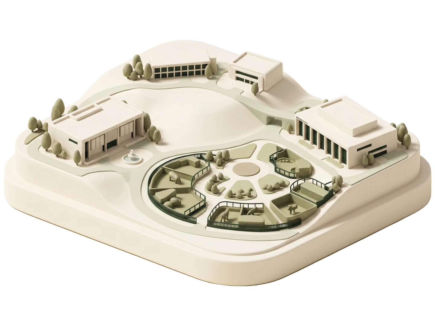 A sage and ivory clay-style illustration of Moorpark College in Moorpark