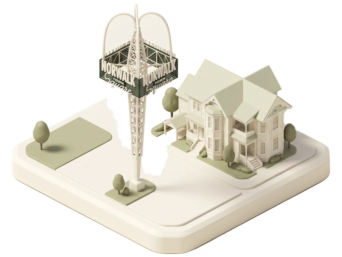 A sage and ivory clay-style illustration of Norwalk Square in Norwalk