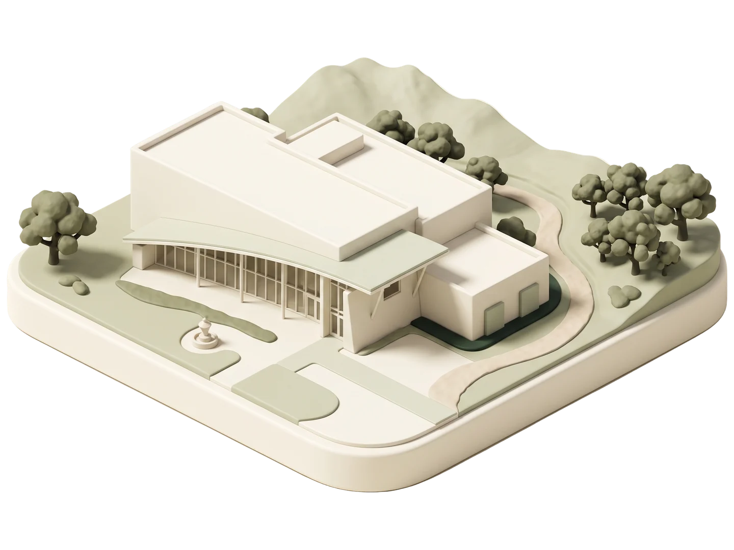 A sage and ivory clay-style illustration of Oak Park Community Center in Oak Park