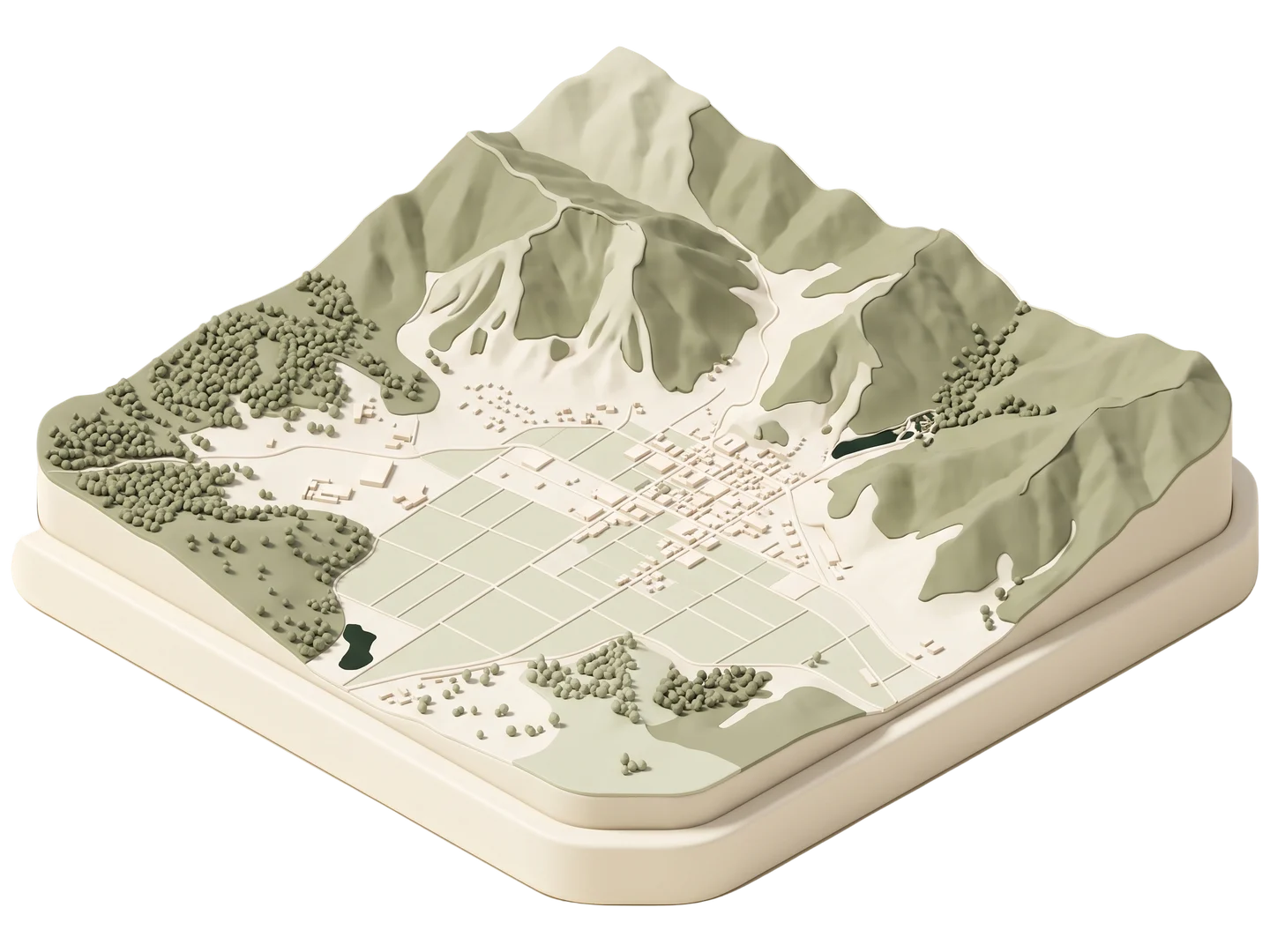 A sage and ivory clay-style illustration of Ojai Valley in Ojai