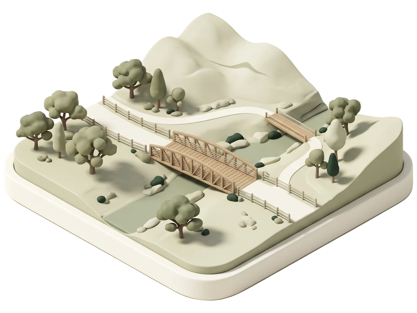 A sage and ivory clay-style illustration of Ojai Valley Trail in Oak View