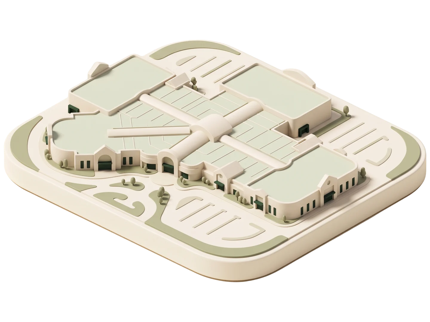A sage and ivory clay-style illustration of Ontario Mills in Ontario
