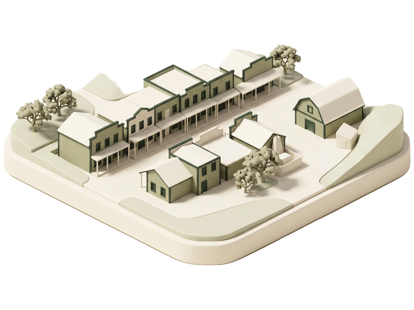 A sage and ivory clay-style illustration of Paramount Ranch in Agoura Hills