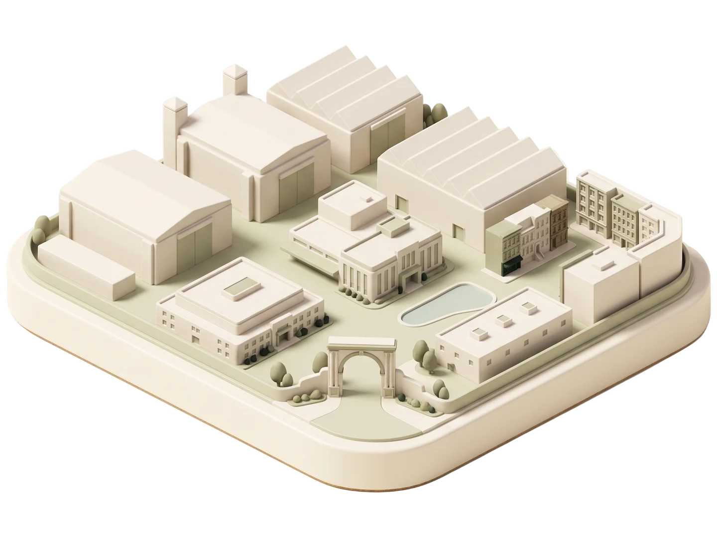 A sage and ivory clay-style illustration of Paramount Studios Lot in Paramount