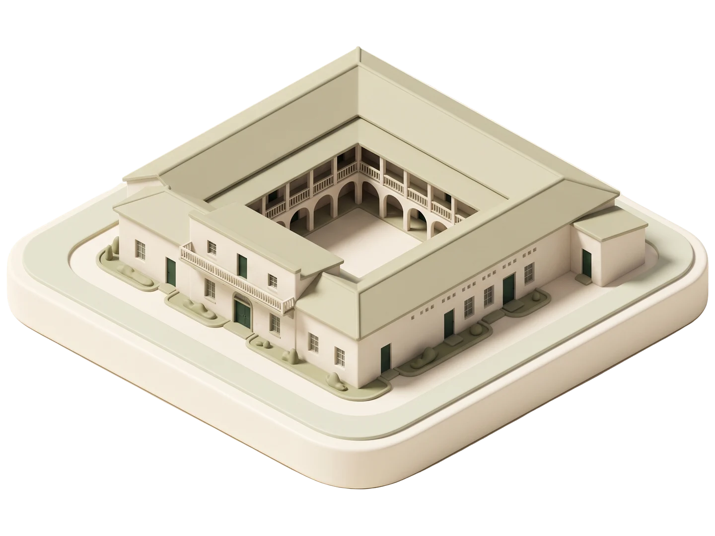 A sage and ivory clay-style illustration of Pio Pico State Historic Park in Pico Rivera