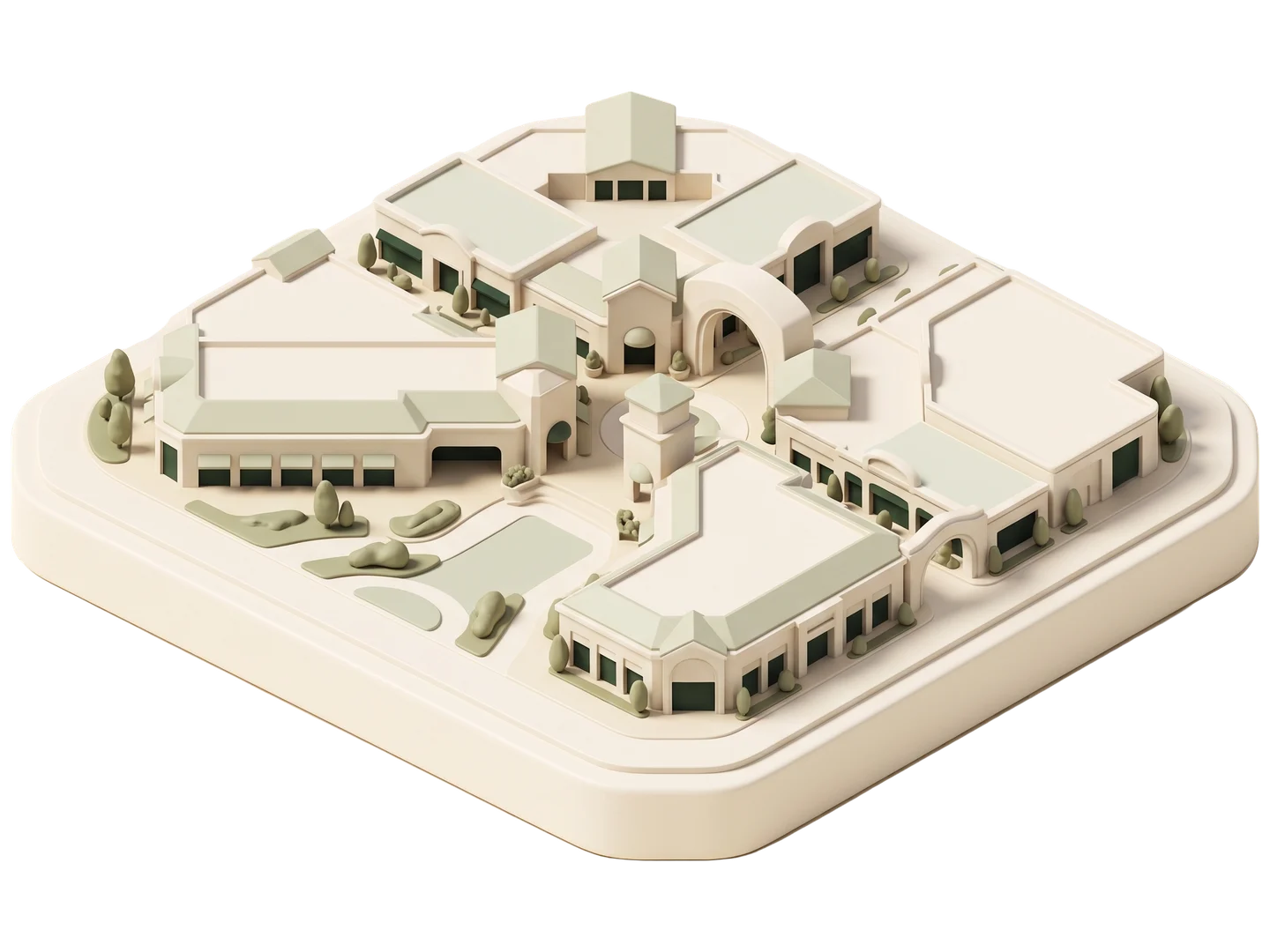 A sage and ivory clay-style illustration of Porter Ranch Town Center in Porter Ranch