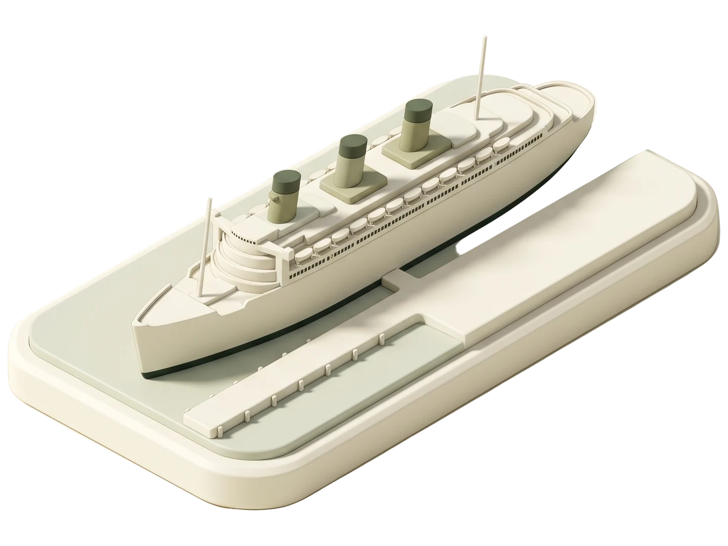A sage and ivory clay-style illustration of Queen Mary in Long Beach