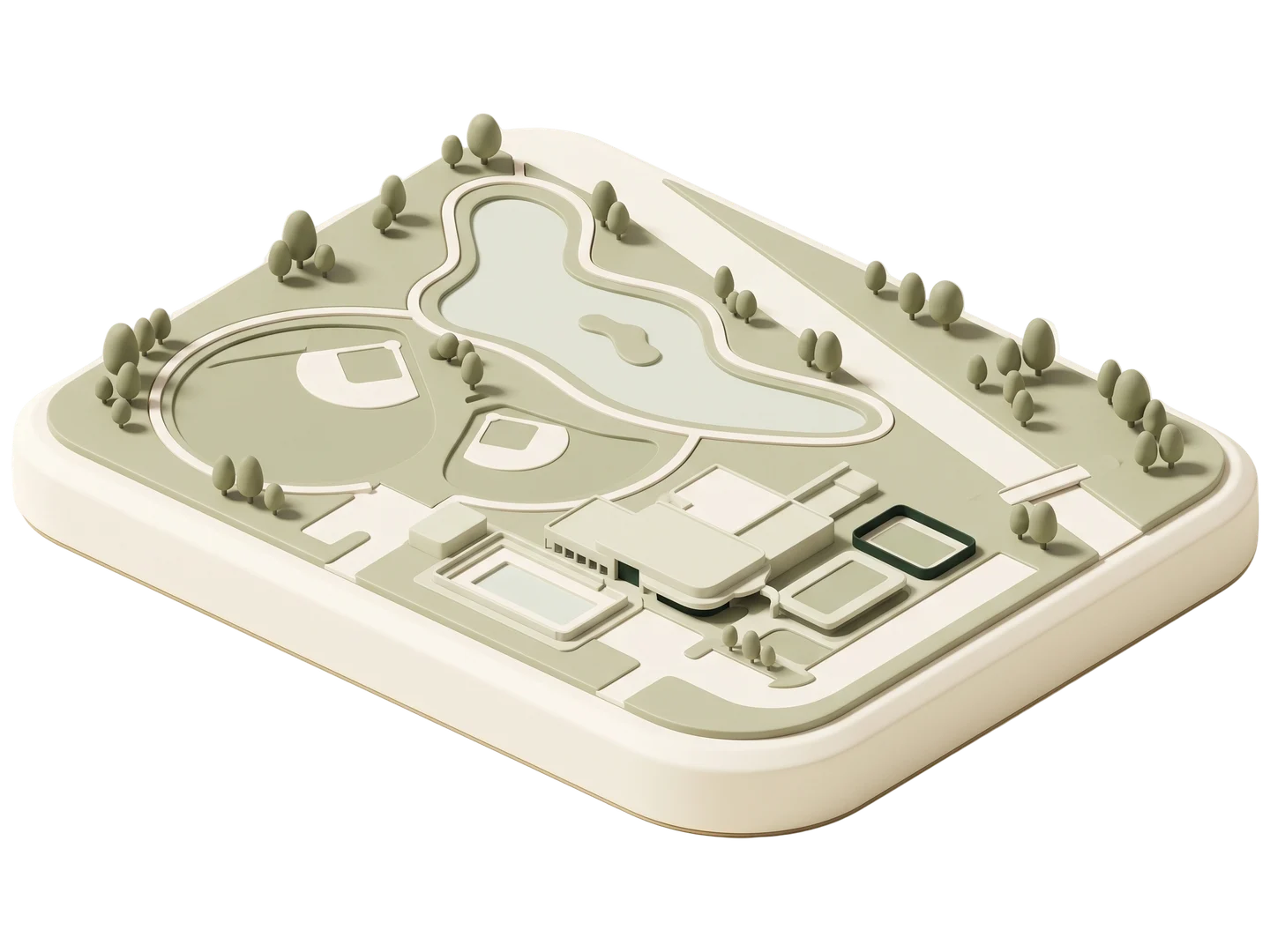 A sage and ivory clay-style illustration of Reseda Park in Reseda