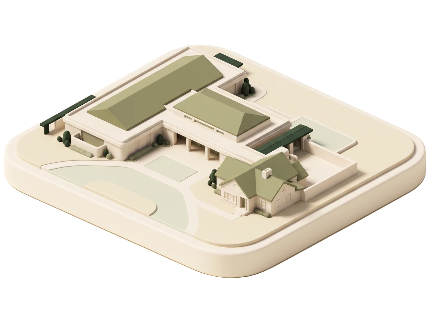 A sage and ivory clay-style illustration of Richard Nixon Presidential Library in Yorba Linda
