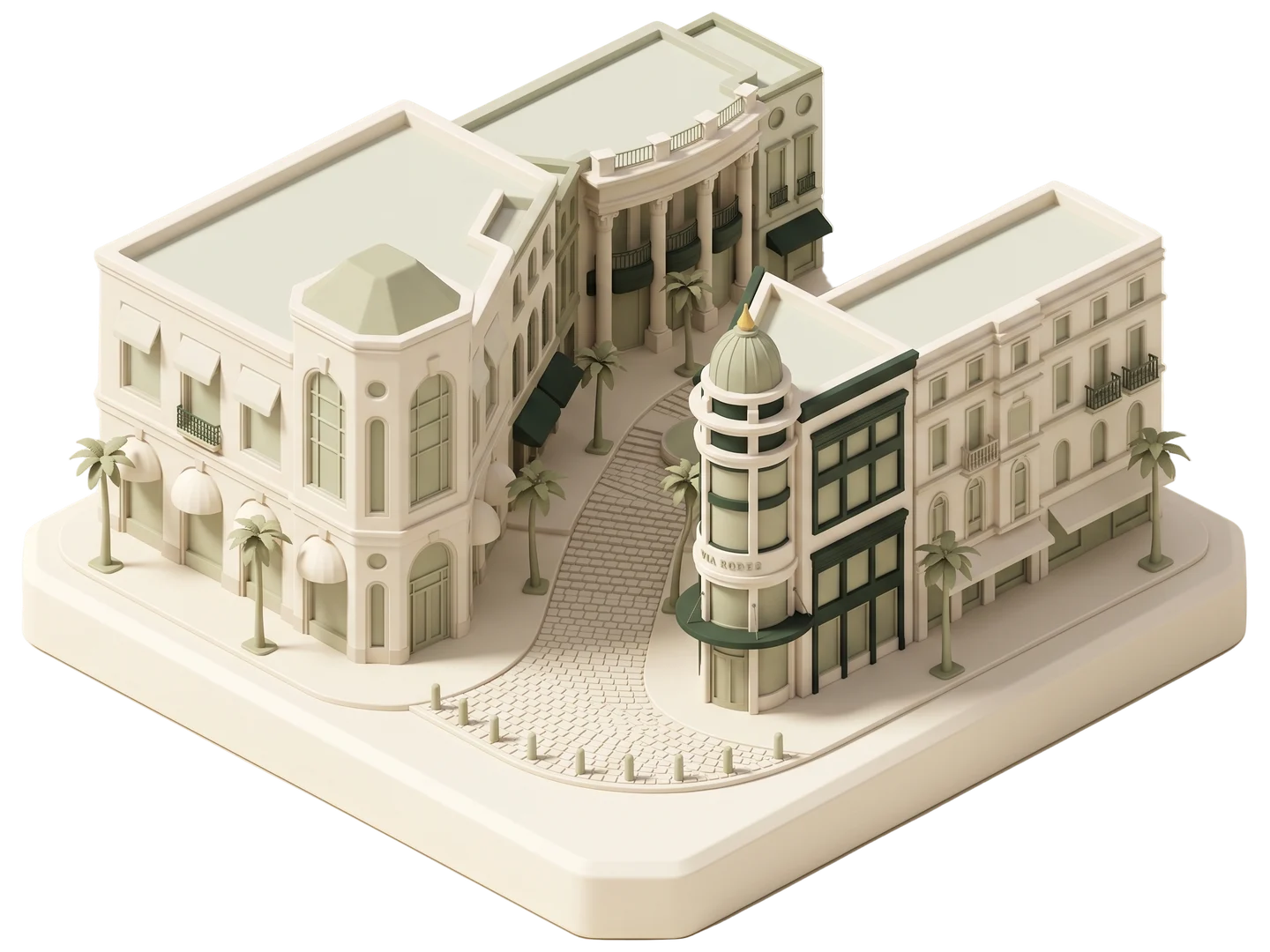 A sage and ivory clay-style illustration of Rodeo Drive in Beverly Hills