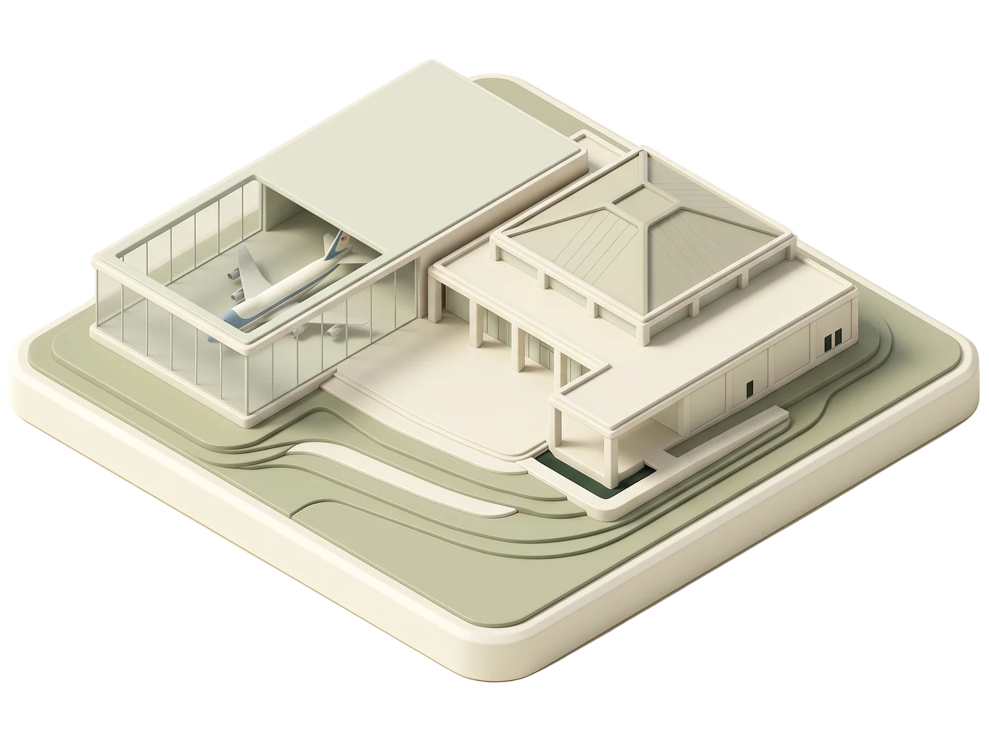 A sage and ivory clay-style illustration of Ronald Reagan Presidential Library in Simi Valley