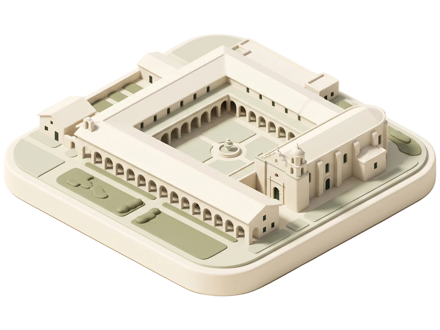 A sage and ivory clay-style illustration of San Fernando Mission in San Fernando