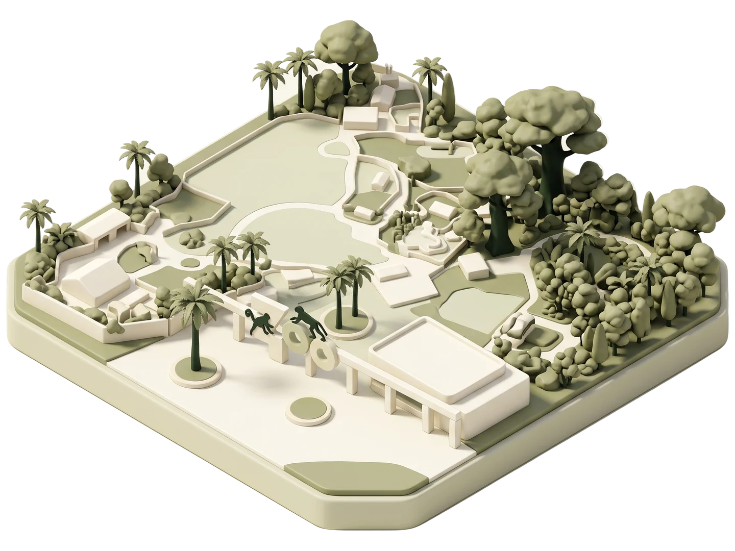 A sage and ivory clay-style illustration of Santa Ana Zoo in Santa Ana