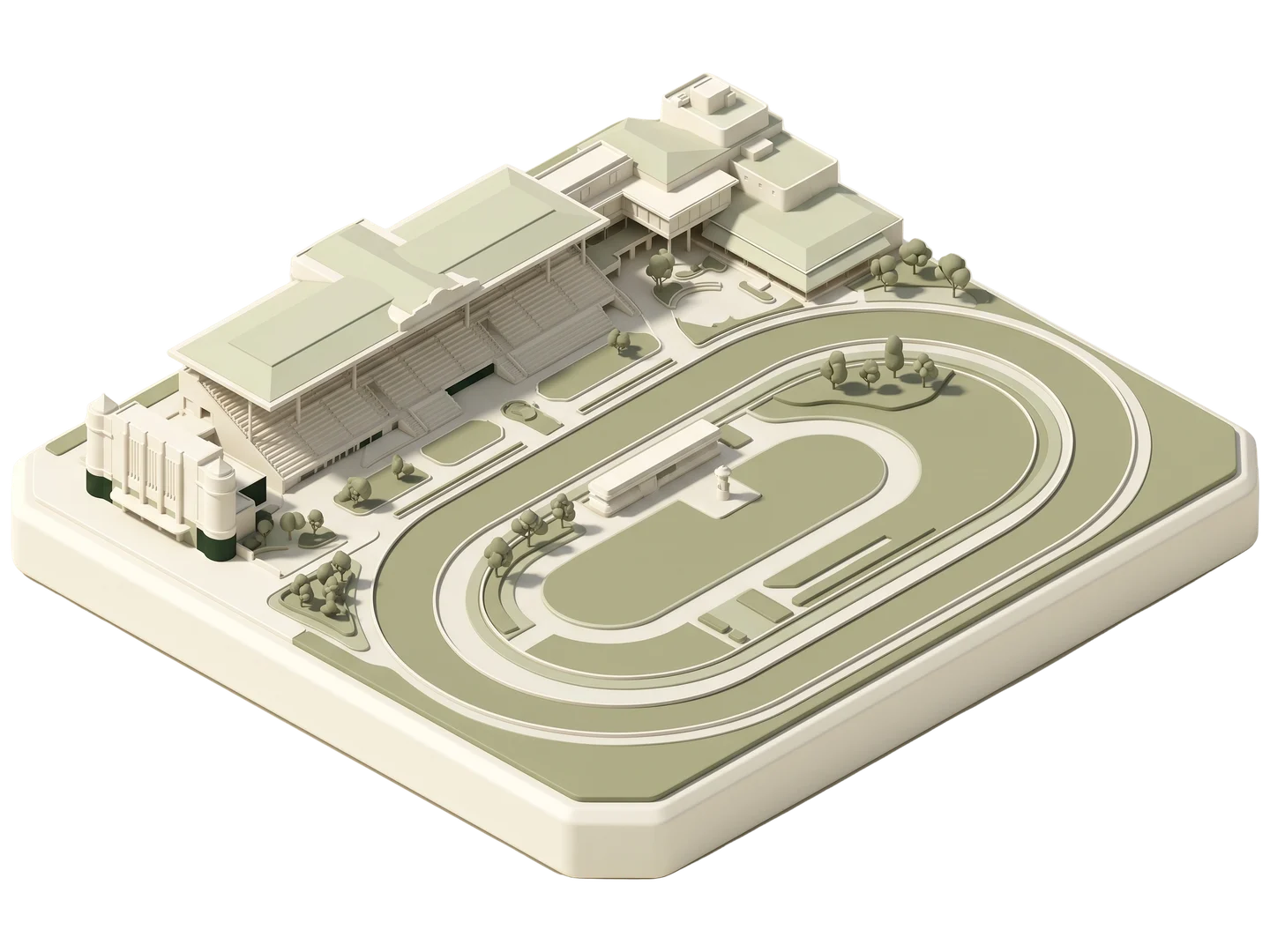 A sage and ivory clay-style illustration of Santa Anita Park in Arcadia