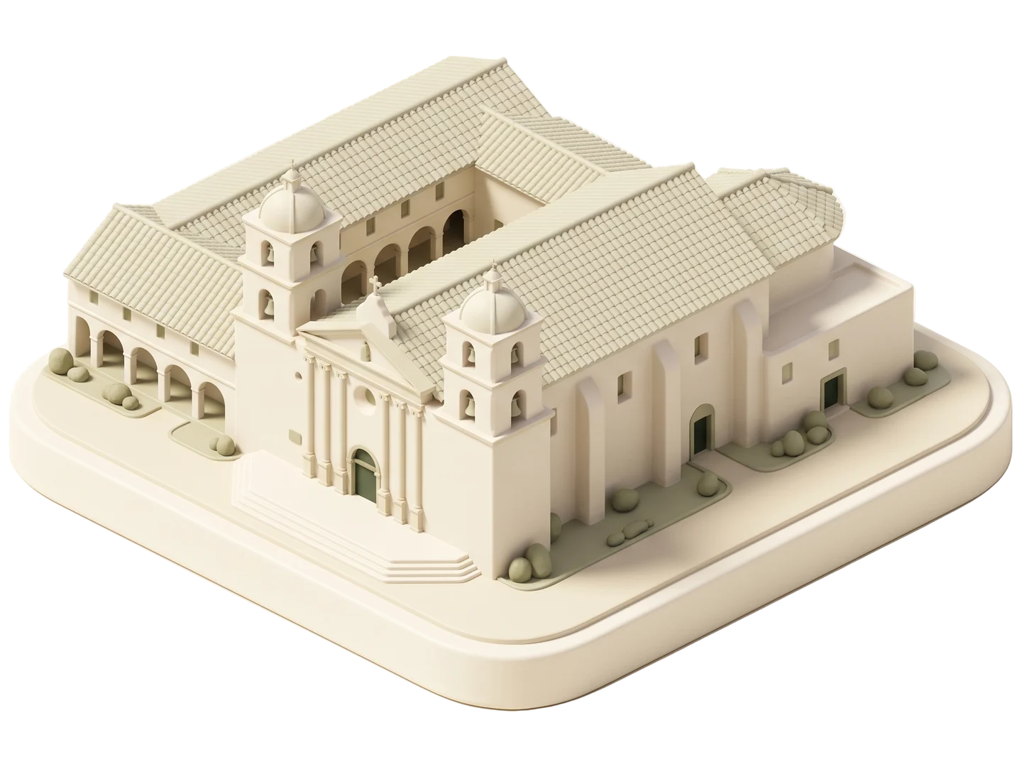 A sage and ivory clay-style illustration of Santa Barbara Mission in Santa Barbara