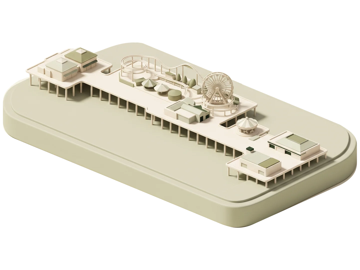 A sage and ivory clay-style illustration of Santa Monica Pier in Santa Monica