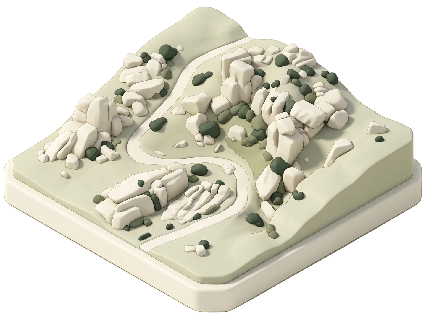 A sage and ivory clay-style illustration of Santa Susana Pass State Historic Park in Chatsworth