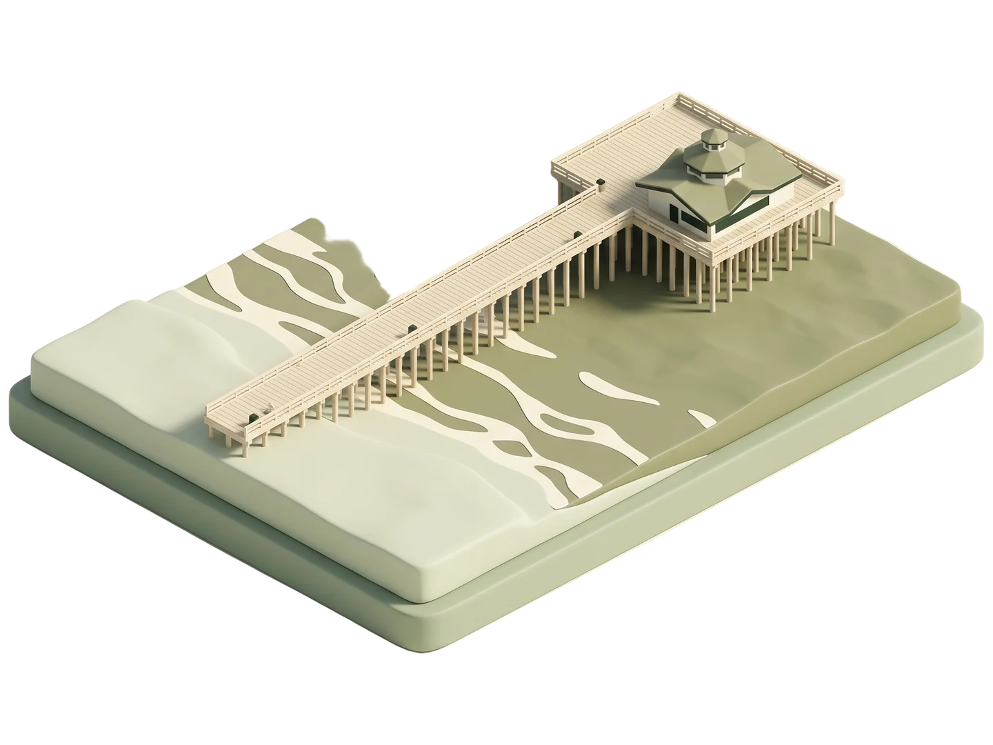 A sage and ivory clay-style illustration of Seal Beach Pier in Seal Beach