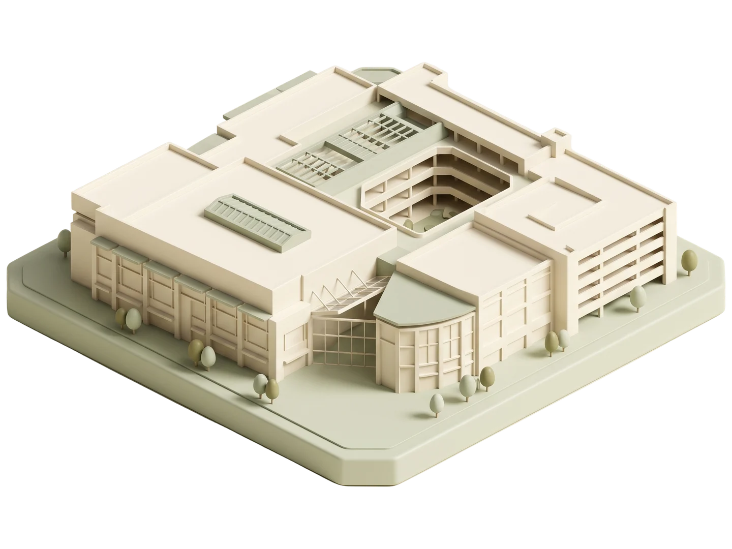 A sage and ivory clay-style illustration of Sherman Oaks Galleria in Sherman Oaks