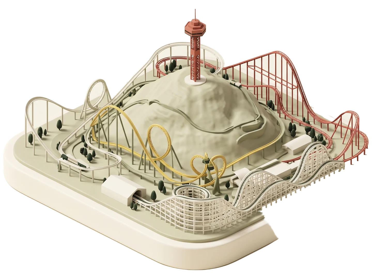 A sage and ivory clay-style illustration of Six Flags Magic Mountain in Santa Clarita