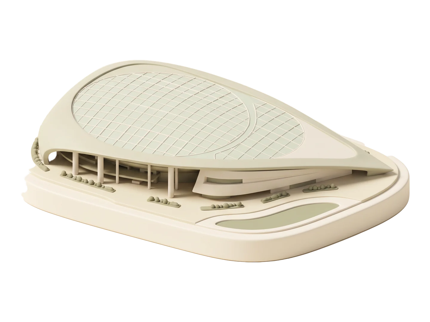 A clay-style illustration of SoFi Stadium's sweeping canopy and translucent gridded roof in Inglewood