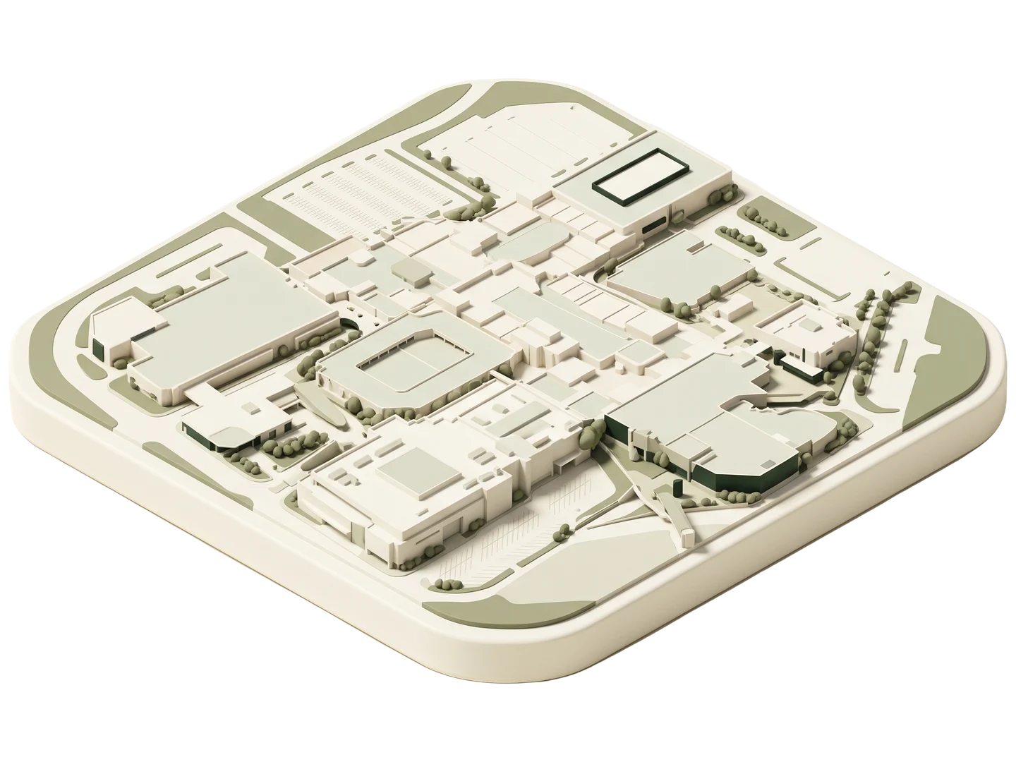 A sage and ivory clay-style illustration of South Coast Plaza in Costa Mesa