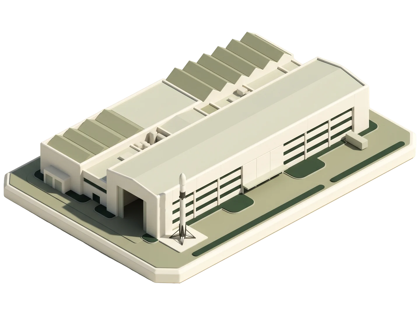 A sage and ivory clay-style illustration of SpaceX Headquarters in Hawthorne