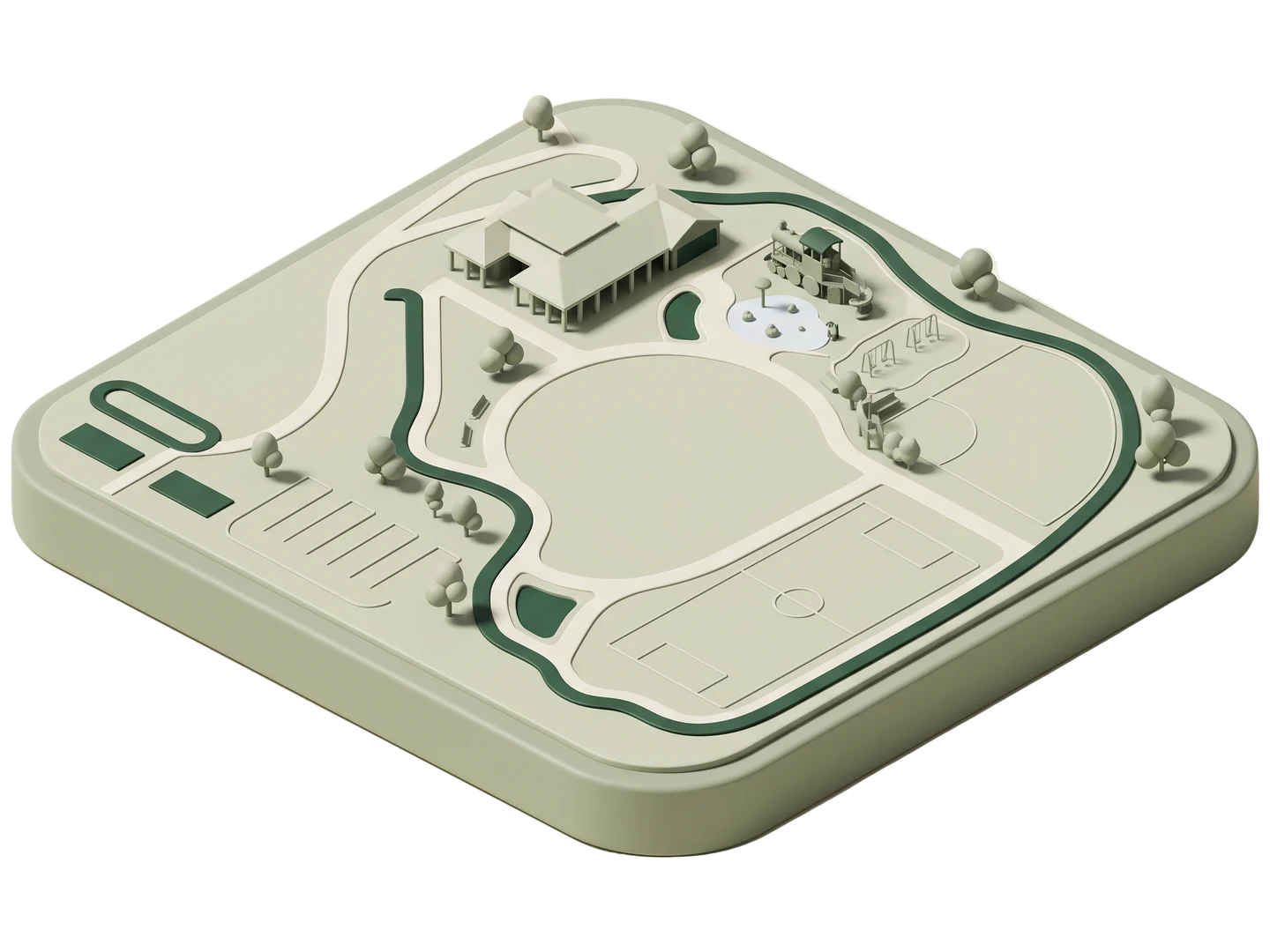 A sage and ivory clay-style illustration of Stanton Central Park in Stanton
