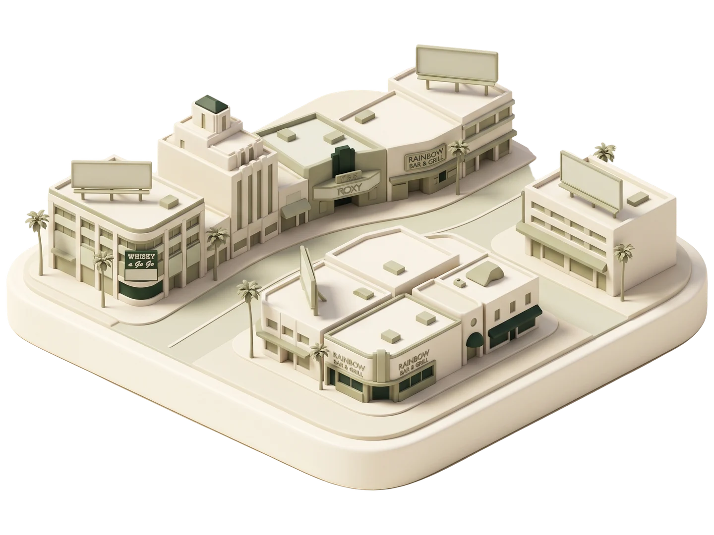 A sage and ivory clay-style illustration of Sunset Strip in West Hollywood