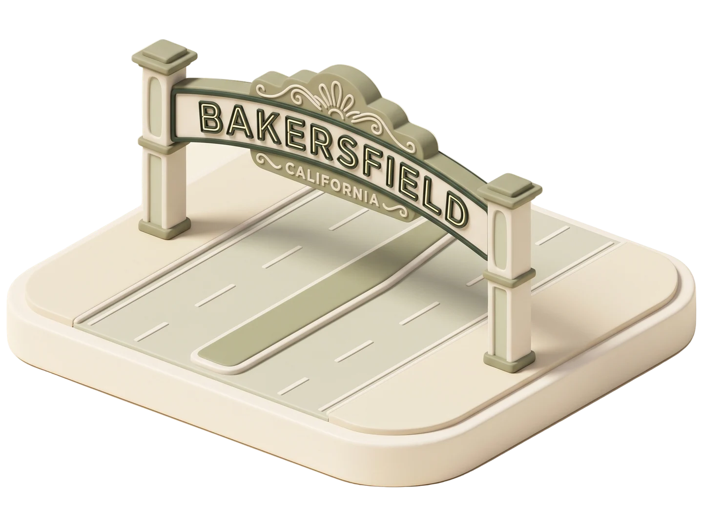 A sage and ivory clay-style illustration of The Bakersfield Sign in Bakersfield