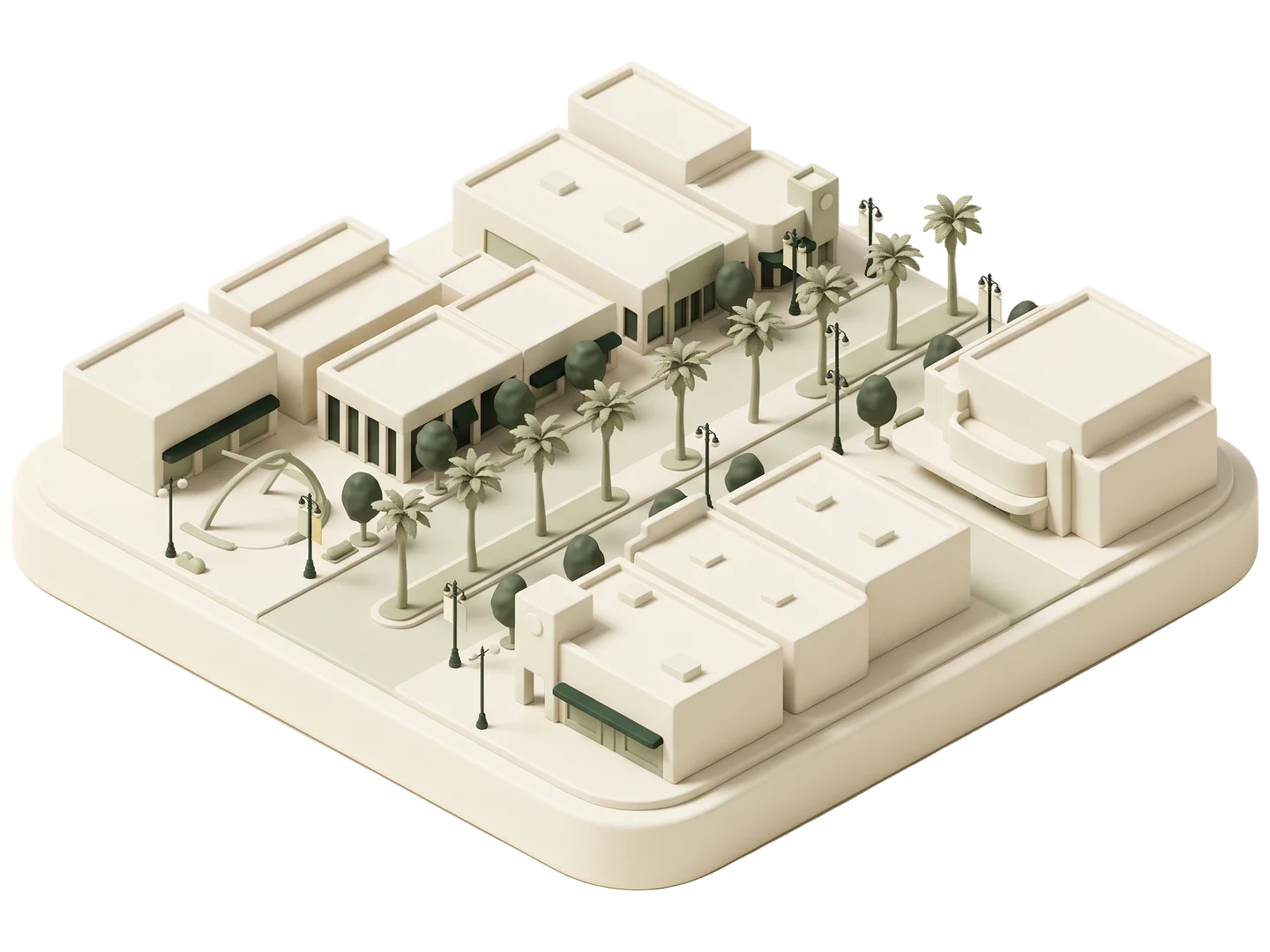 A sage and ivory clay-style illustration of The BLVD (Lancaster Boulevard) in Lancaster