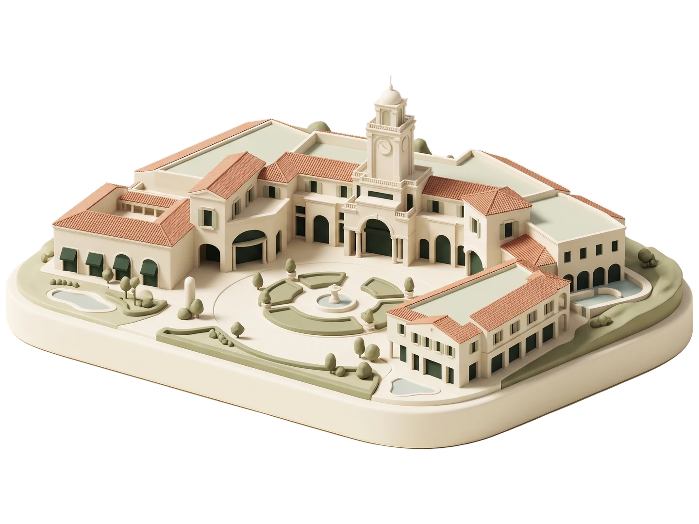 A sage and ivory clay-style illustration of The Commons at Calabasas in Calabasas