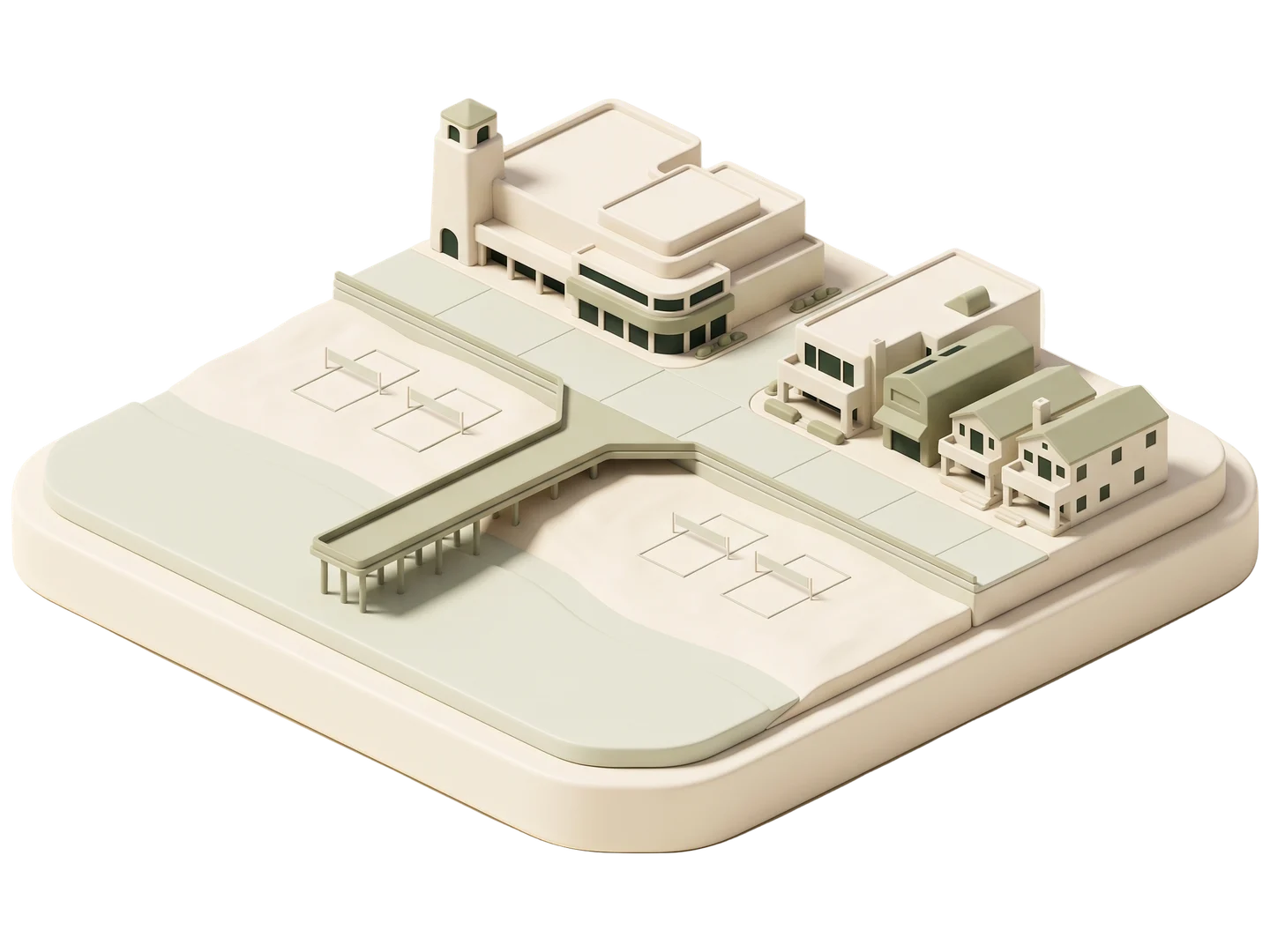 A sage and ivory clay-style illustration of The Strand in Hermosa Beach