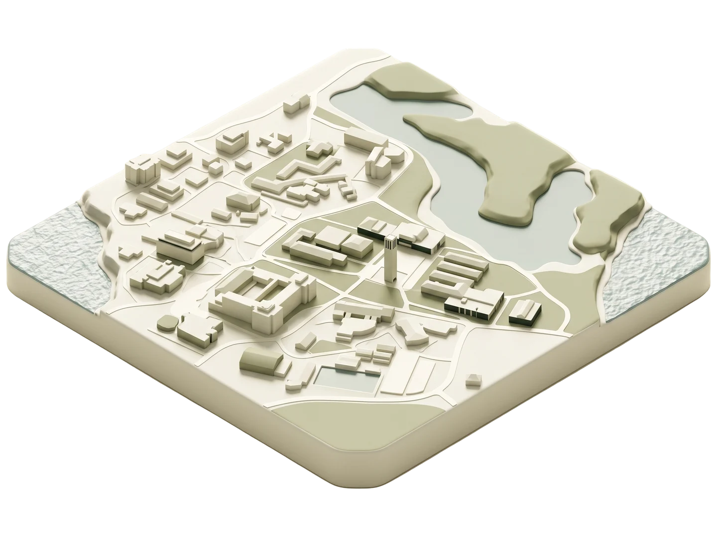 A sage and ivory clay-style illustration of UC Santa Barbara in Goleta