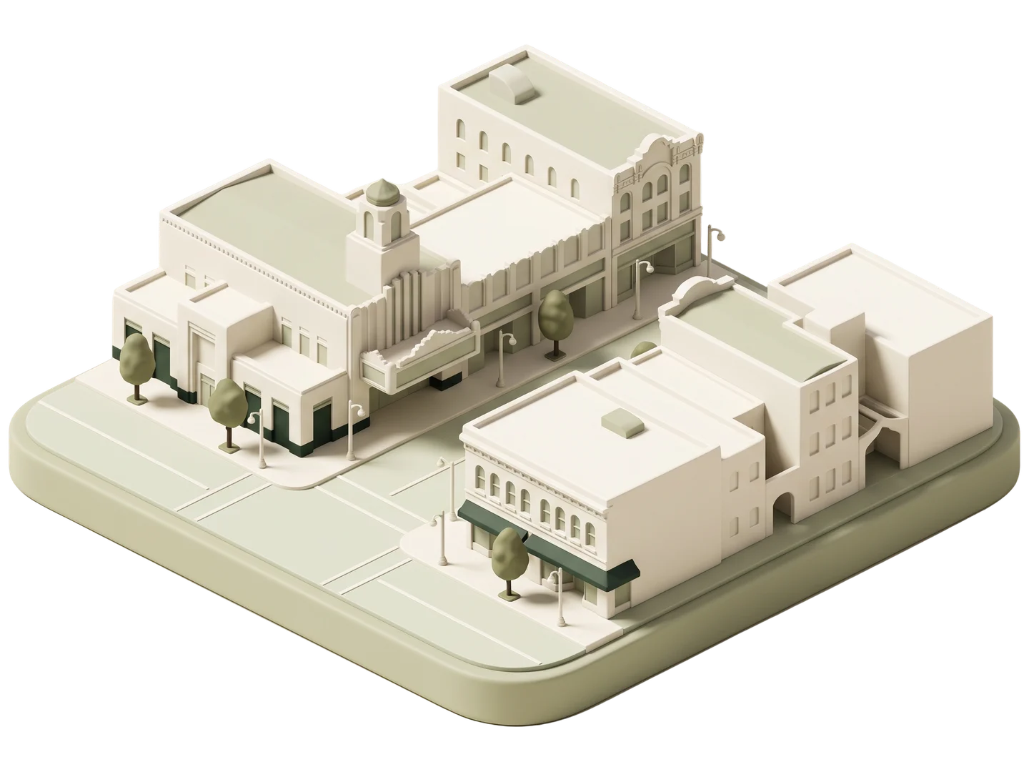 A sage and ivory clay-style illustration of Uptown Whittier in Whittier