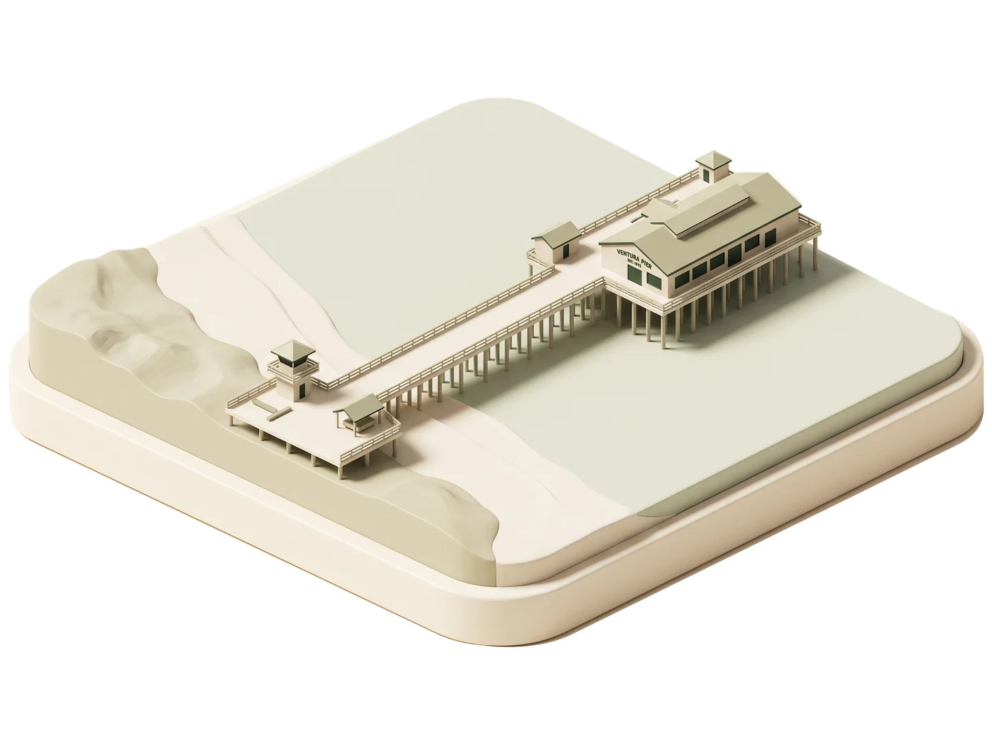 A sage and ivory clay-style illustration of Ventura Pier in Ventura