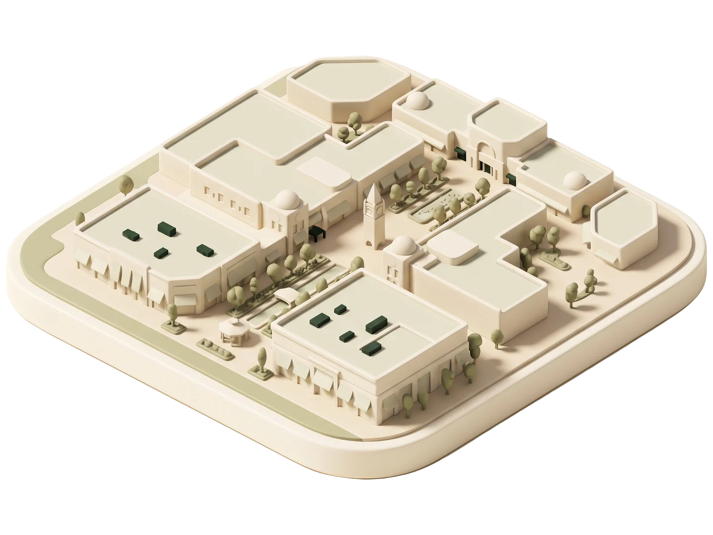 A sage and ivory clay-style illustration of Victoria Gardens in Rancho Cucamonga