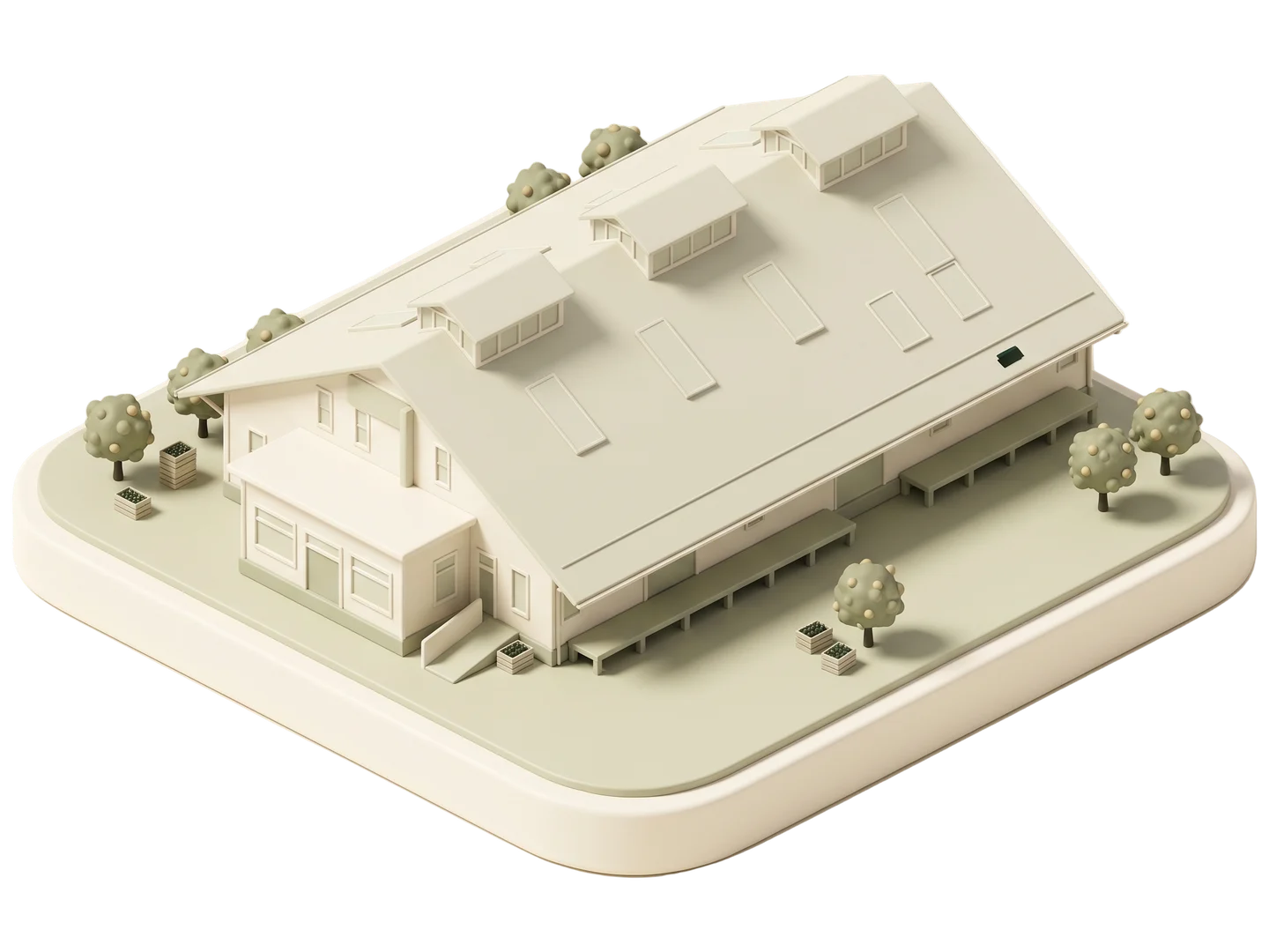 A sage and ivory clay-style illustration of Villa Park Orchards in Villa Park
