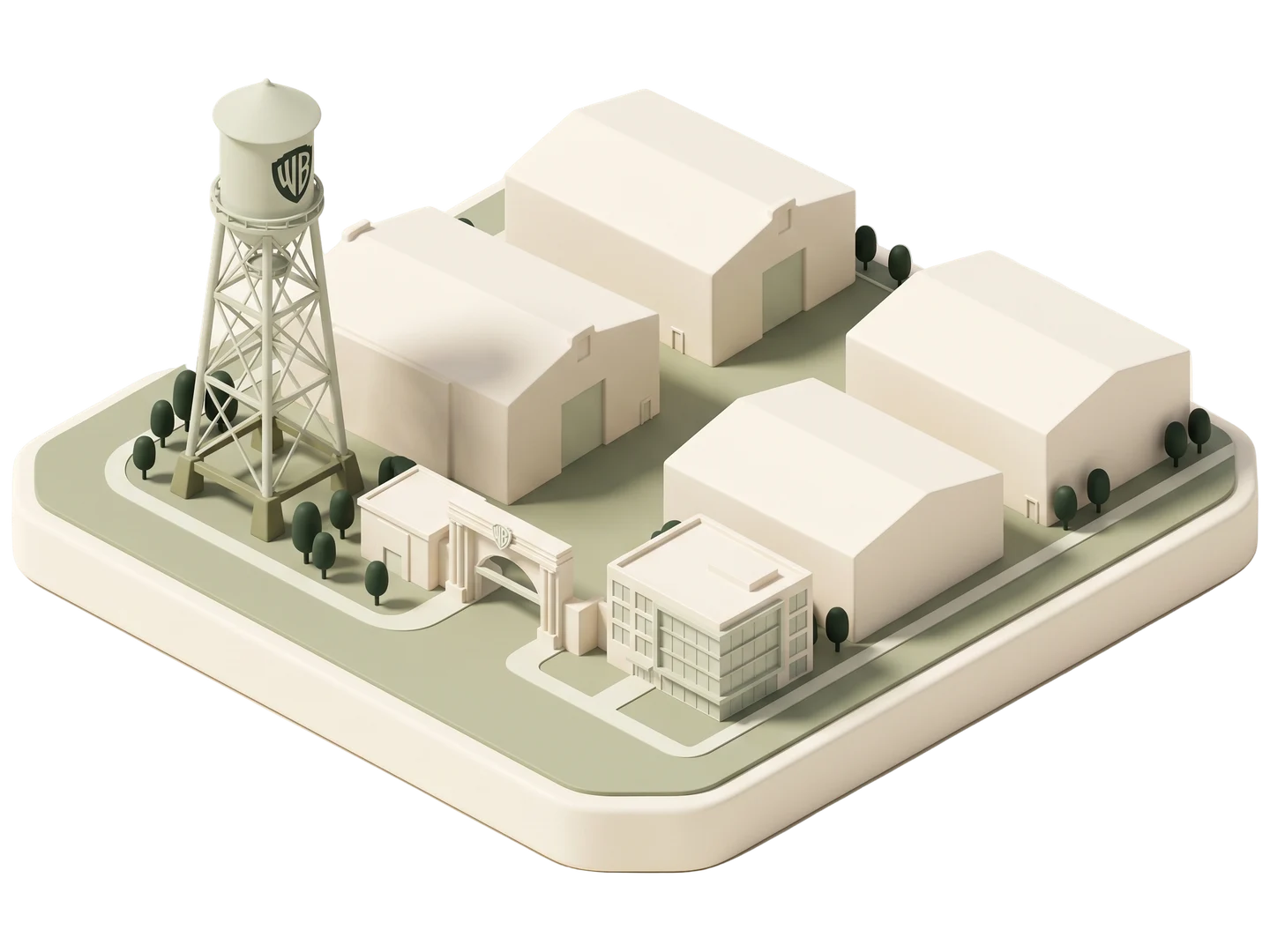 A sage and ivory clay-style illustration of Warner Bros. Studios in Burbank